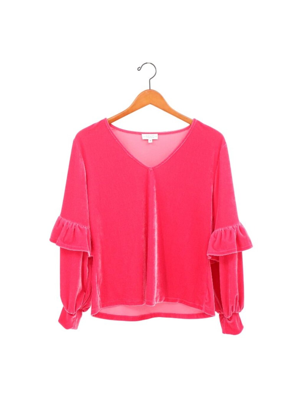 S-edge Bright Pink Velvet V-neck Long Ruffle Sleeve Top M